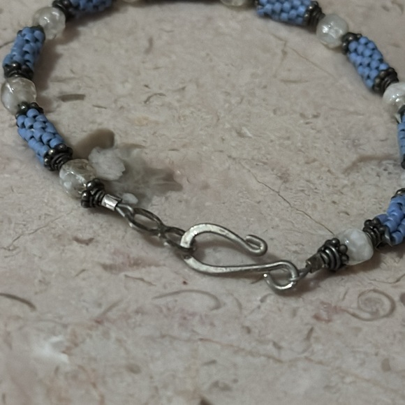 New Handmade Bracelet-Homemade Tube Beads in Blue with White Beads-Hook Closure - Picture 7 of 10
